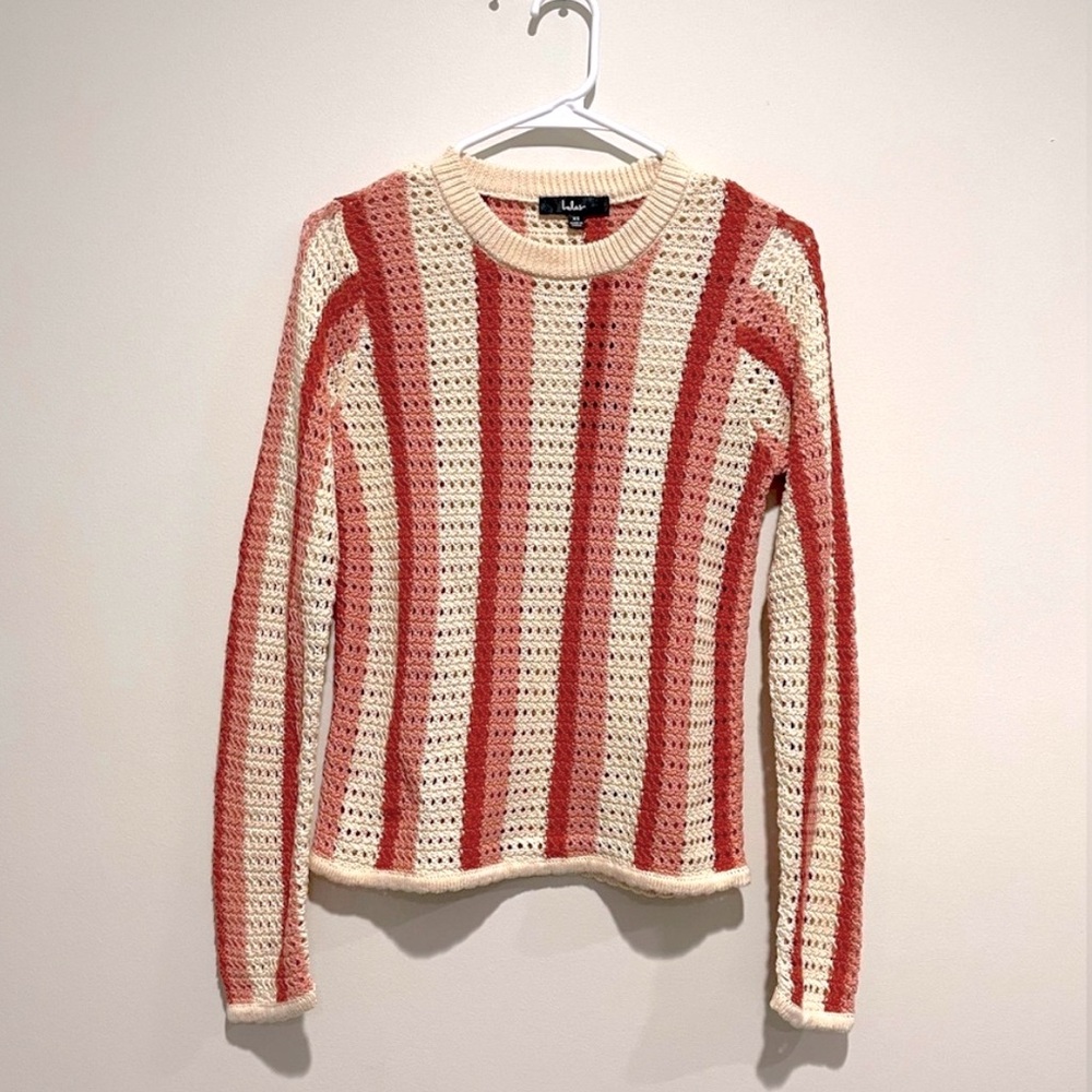 Lulu’s Retro Em Gee Pink Multi Striped Crochet Pullover Sweater - XS